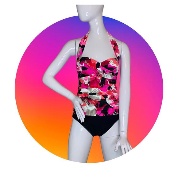 Aqua Green One Piece Swimsuit Padded Floral Pink Print Black bottom Small Halter - Picture 2 of 13